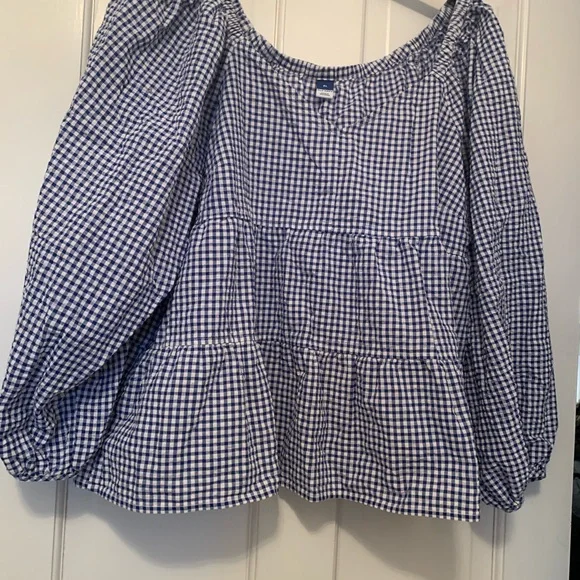 Gingham Check Tiered Peasant Blouse in Navy and White - Picture 4 of 6